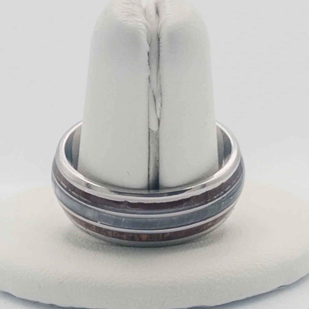 Mens Tungsten Carbide Ring With Wood & Opal Inlay Durable & Stylish Design - Picture 9 of 13